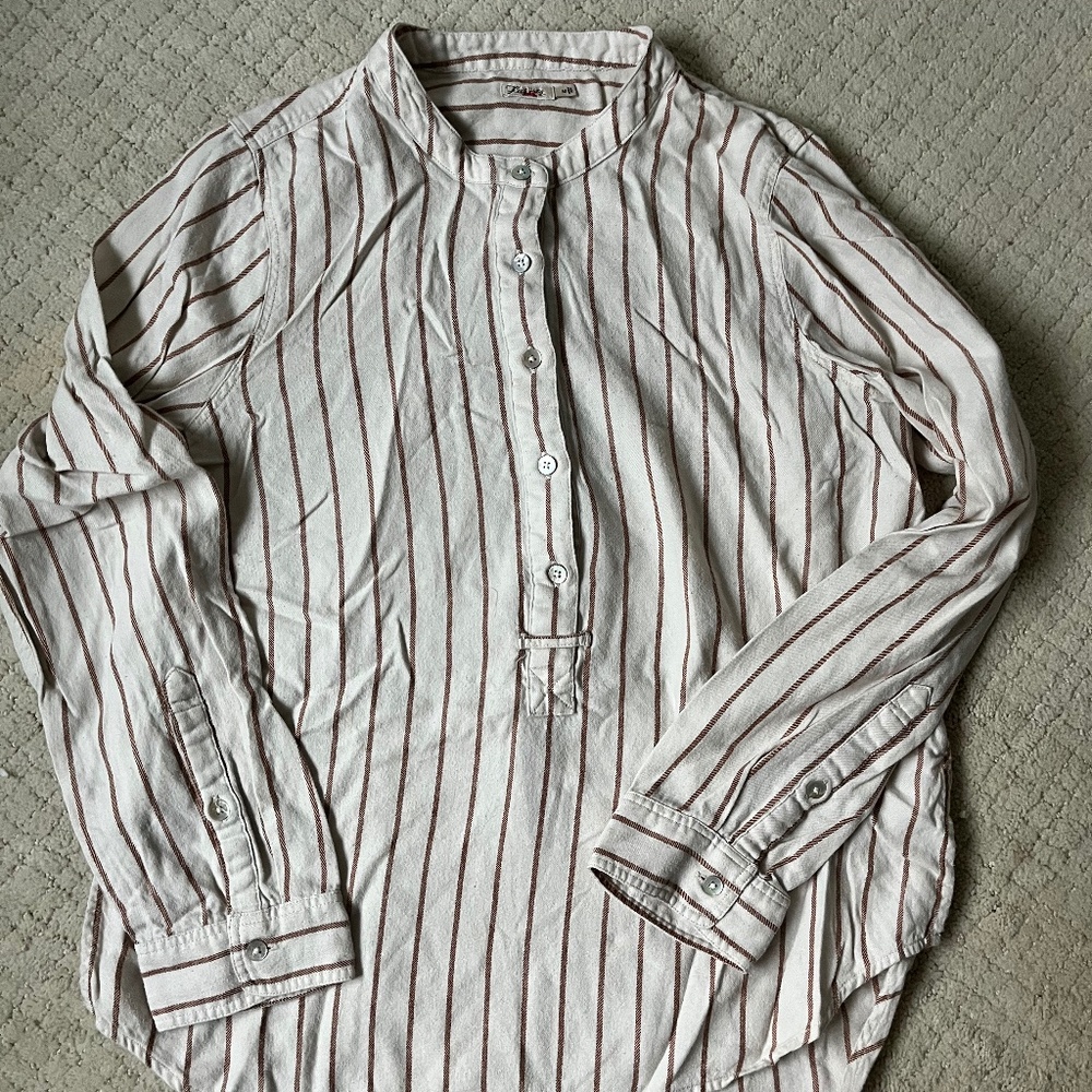Faherty Striped Popover Shirt Women’s Medium Cream Brown Cotton Casual Boho M